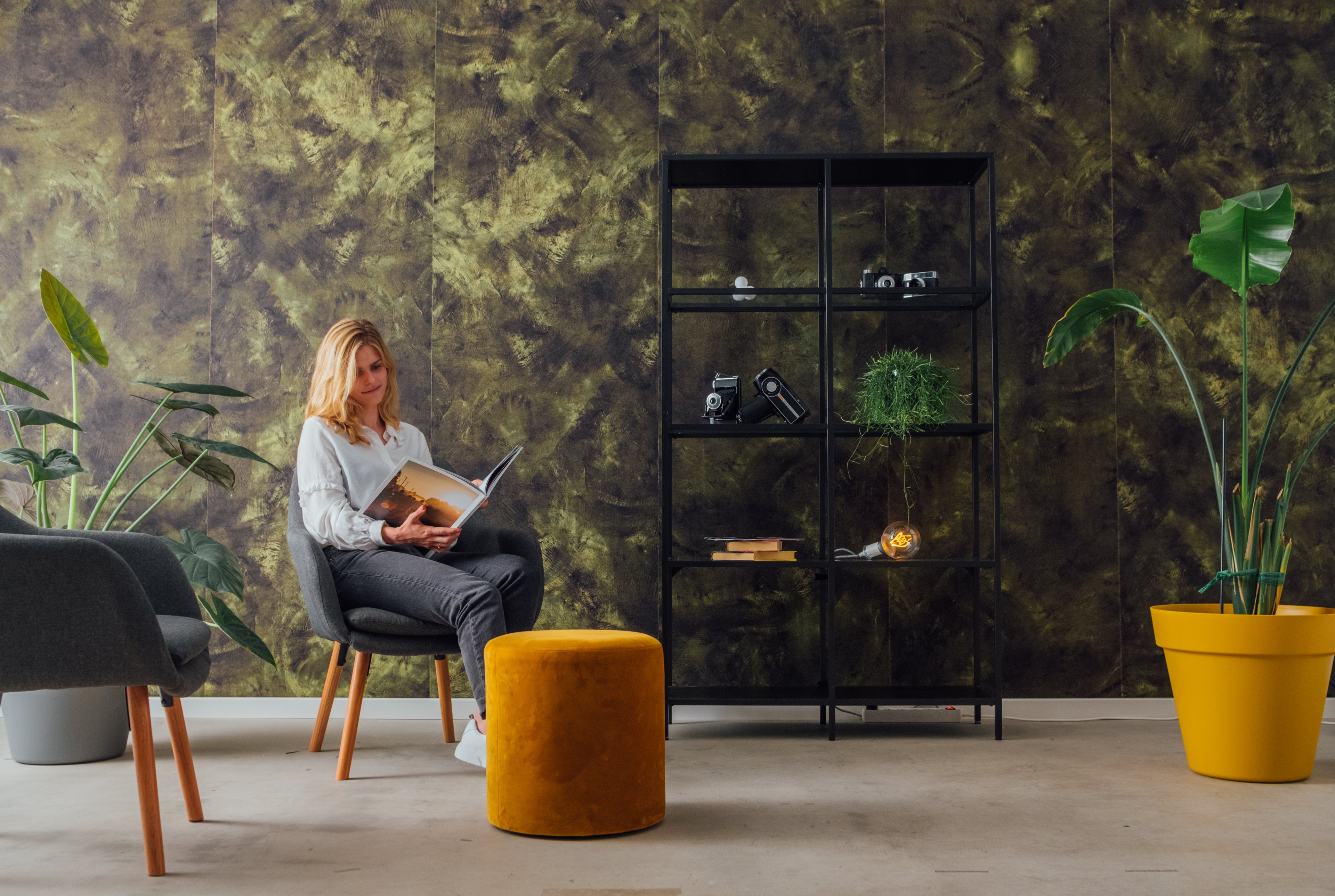 Easewall acoustical wallpaper woman reading in front of